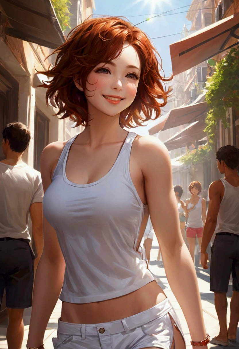 Sunlight, A beautiful woman，Delicate skin, Charming smile, (Chiseled abdominal muscles: 1.1), (Perfect body: 1.1), (Short Wavy Hair: 1.2), Auburn hair, full-body shot, Crowded streets, Wearing a white vest, shorts, (Extremely detailed CG 8k wallpaper), (Extremely refined), (masterpiece), (best quality: 1.0), Realistic shadows, [high resolution], 