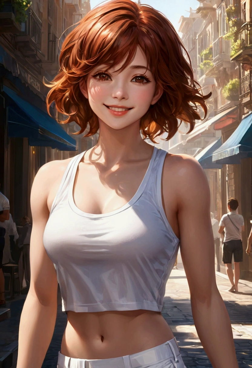 Sunlight, A beautiful woman，Delicate skin, Charming smile, (Chiseled abdominal muscles: 1.1), (Perfect body: 1.1), (Short Wavy Hair: 1.2), Auburn hair, full-body shot, Crowded streets, Wearing a white vest, shorts, (Extremely detailed CG 8k wallpaper), (Extremely refined), (masterpiece), (best quality: 1.0), Realistic shadows, [high resolution], 