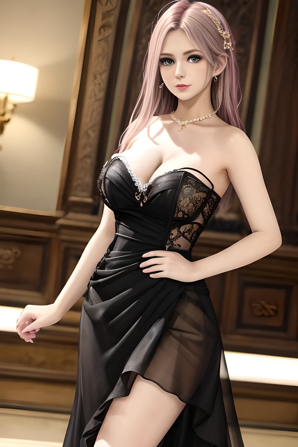 1girl is wearing an elegant black strapless dress. The dress is beautifully designed with ruching on the bodice and a cascading ruffled asymmetrical hem, adding a playful and chic touch to the outfit. The person is standing upright, with one hand gently touching their leg and the other hand relaxed by their side. The background is plain and neutral, drawing attention to the dress itself. The lighting is soft, highlighting the details of the dress and creating a fashionable and stylish atmosphere,, huge breasts, elise