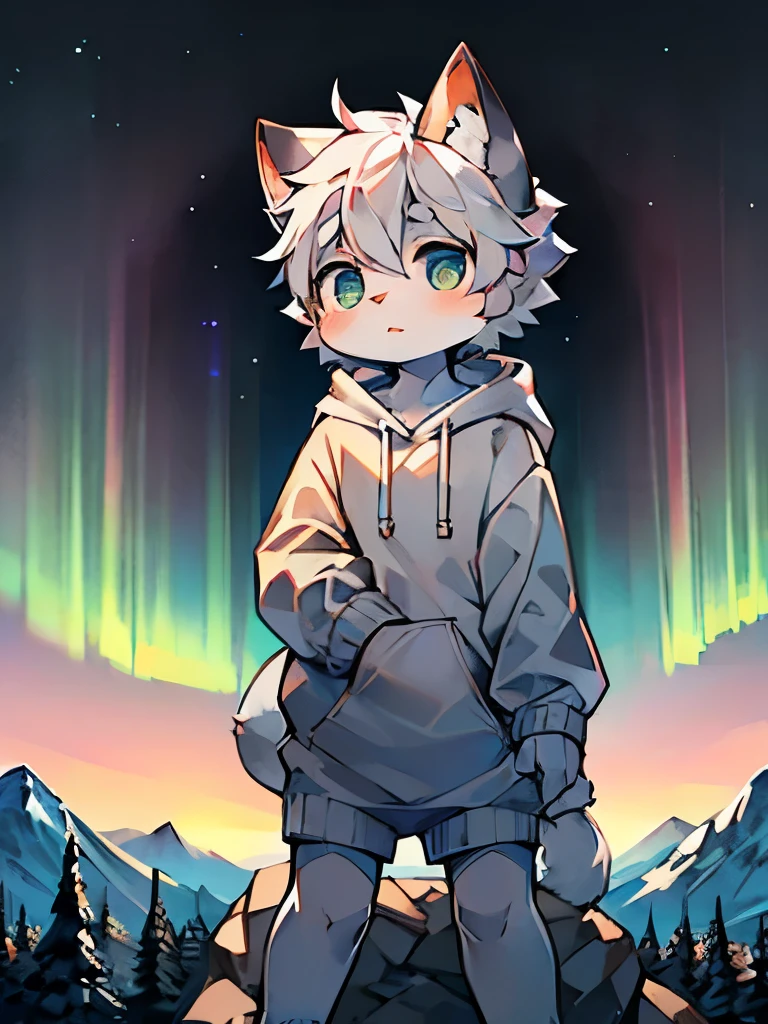 furry，Cute cat boy，White hair，Gray skin，（wearing hoodie），（Wear short white socks），Standing on the top of the mountain，Close Range，aurora，（Highest quality），Alone，（front Photo）