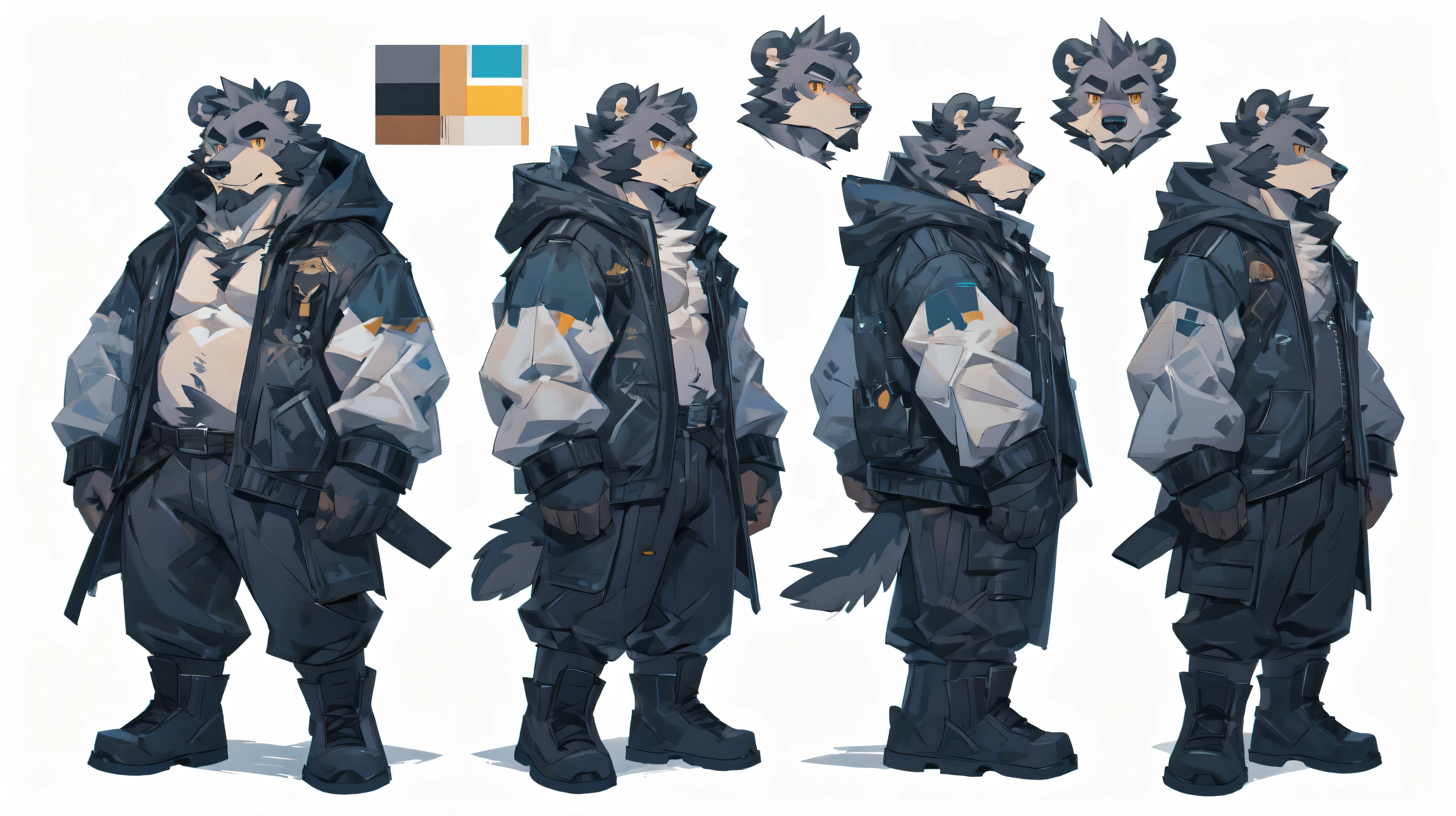(masterpiece:1.2), best quality,pixiv,official art,perfect anatomy, (Ray tracing, light),solo, (1_male:1.3) , (muscle), (grey fur:1.4), (muscle bear), (beard:1.2), (gleaming golden eyes), bear tail, full body, Thick black eyebrows, (open short hoodie), (naked inside),cargo shorts, black short boots, (pure white background: 1.3), ( ( characterconcept art，reference sheet，individuality，character design sheet) )