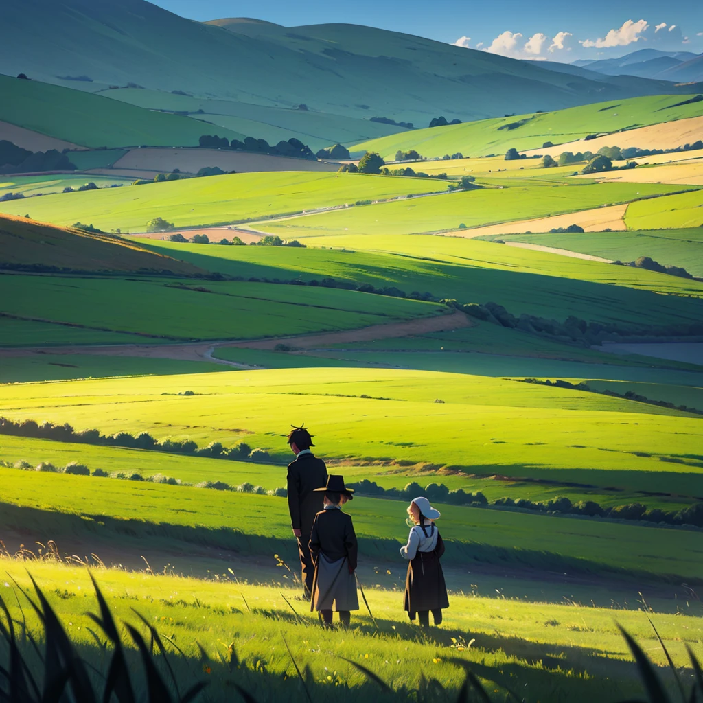 Beautiful green field. two shadows of people one in front of the other. 