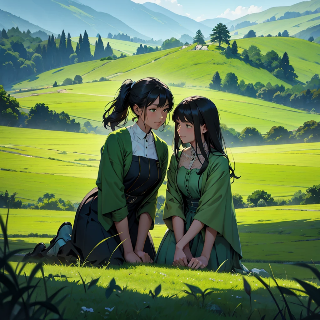 Beautiful green field. two shadows of people one in front of the other.