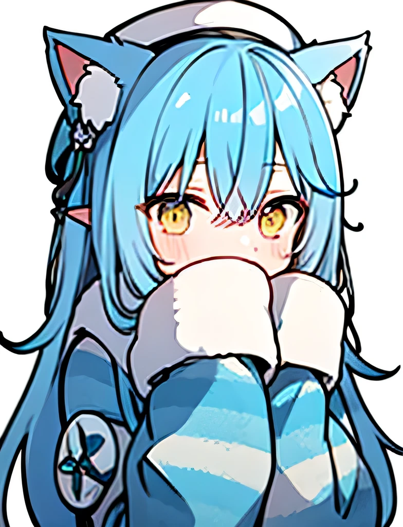 masterpiece, Highest quality, High resolution, wonderful, fur-trimmed coat, fur-trimmed sleeves, striped coat, white and bluecoat, blue hair, cat ear, white beret, whole body, sleeves past wrists, covered mouth,