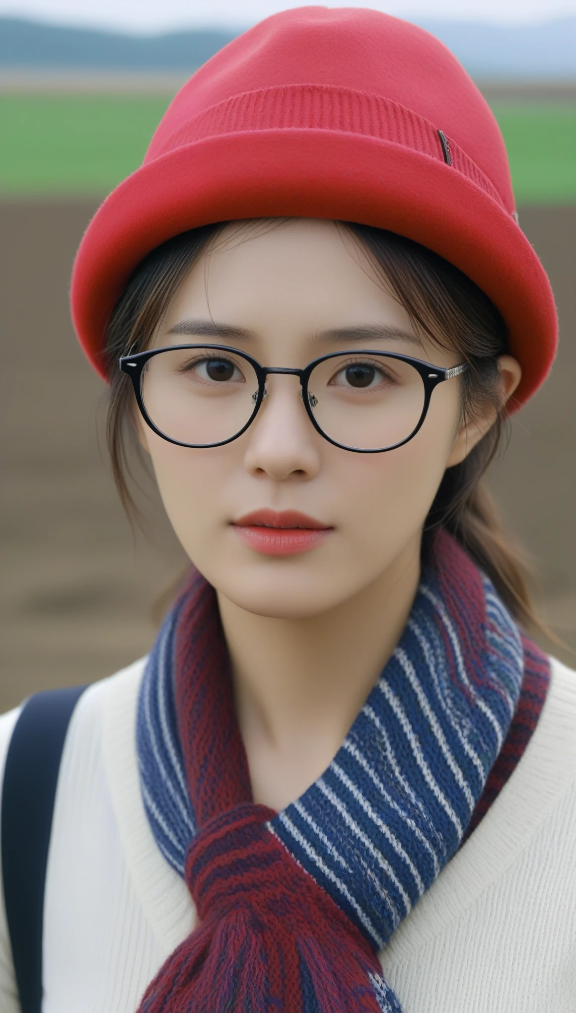 extreme close-up of beautiful beautiful korean female, 34 inch breasts size, wearing red hat, glasses, scarf, striped collar shirt, in a farm, cinematic scene, UHD
