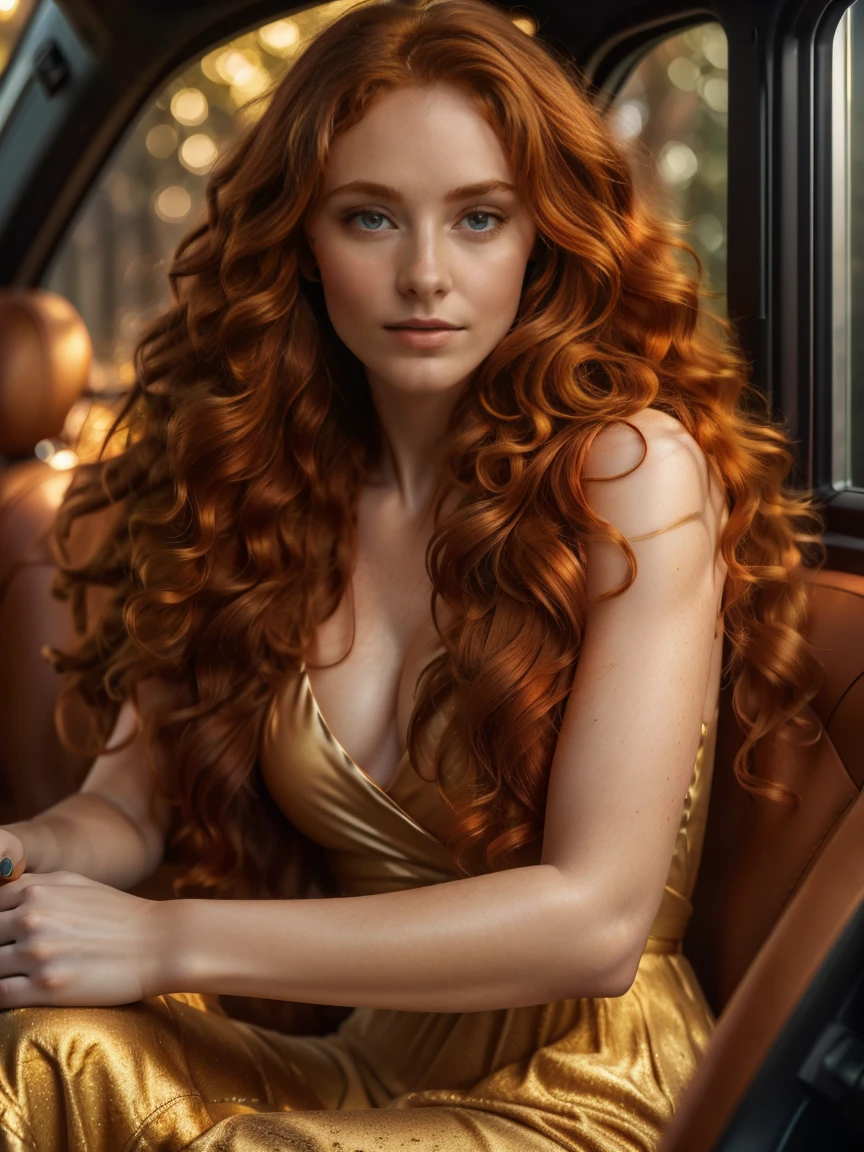 Hyper-realistic UHD 4K image, beautiful woman in photographic quality, redhead, ((long curl hair)), emerald green eyes, masterpiece, full body picture, ((Eye make up)) ((full lips)) she drinks her morning coffee in the car, soft lighting, (warm atmosphere. Colour palette - orange, gold, ochre shades), ((film grain)), ((Rays)), (glare) , ultra detailed