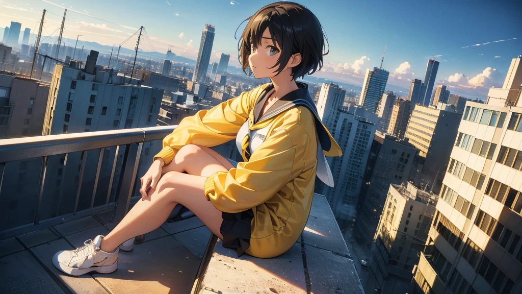 (Masterpiece,Best quality,Ultra high resolution: 1.1),Best Anime Wallpaper Winner,by Makoto Shinkai,realistic,highres,A female student sitting on the rooftop overlooking the city,Side face,((Detail aspect)),((Reasonable structure)),breasts,(canary yellow short hair),solo,Sexy figure,Student clothing,(Yellow white black striped sailor suit),Looking towards the city,high altitude,urban,Side profile shooting,full body,((fish-eye lens)),super details,afternoon,