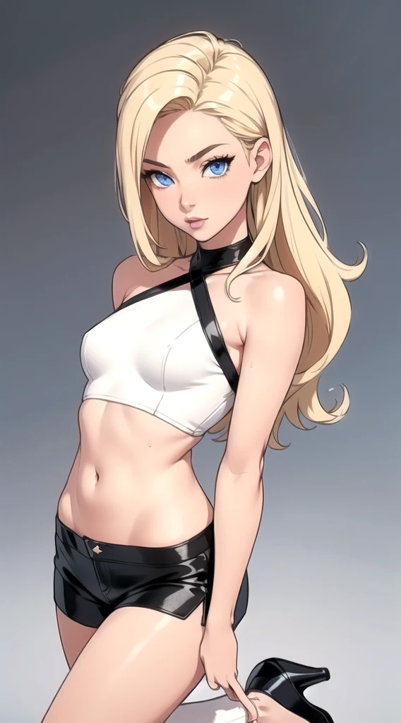 Skinny blonde girl, on leather shorts, black heels, and white socks, long blonde hair, (detailed face) blue eyes, sexy skinny girl. Posing