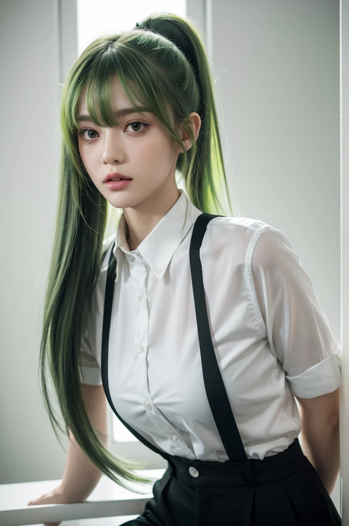 (ponytail)+(to part one's bangs to the side)+(Long green hair) , wearing a white shirt, black suspenders, black pants, and a black tie, 16k, best quality, extremely detailed, ultra quality, ultra highres, masterpiece, beautiful, Raw Photo, beautiful girl, She is looking directly at the camera, manly face, tomboy, slim, slender