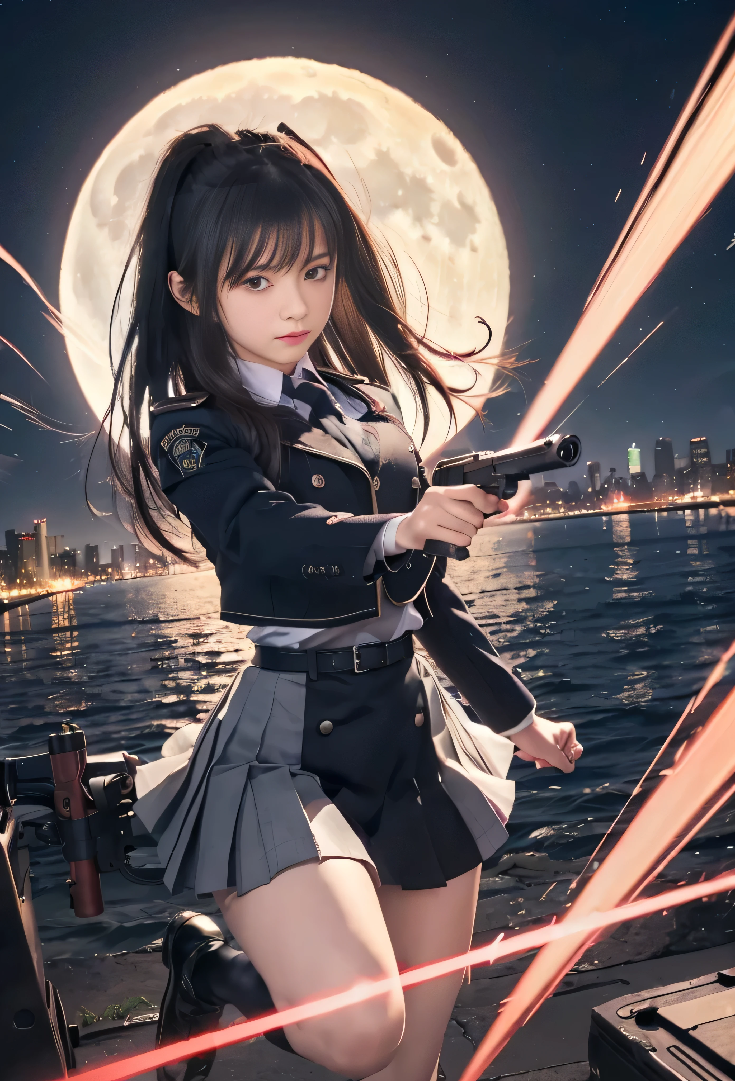 (RAW quality:1.4), Highest quality, Great quality, 16K, Unbelievably absurd, Very detailed, delicate and dynamic, software, Natural light, Particles reflect color, Diffuse reflection of light, Vortex of Light, Hudson River, new york, Night view, Create amazing image effects, lycoris uniform, skirt, (Cute sexy girl, 14 years old, Pursue the perpetrator, Intense movement, Vibrant, hot, , , , pistol, Long black hair, Police uniform, Takina Inoue Final Fantasy VII), Full body photo, (Shooting a gun in front of a big full moon:1.4), Speedy, Lots of bullets, Trajectory,