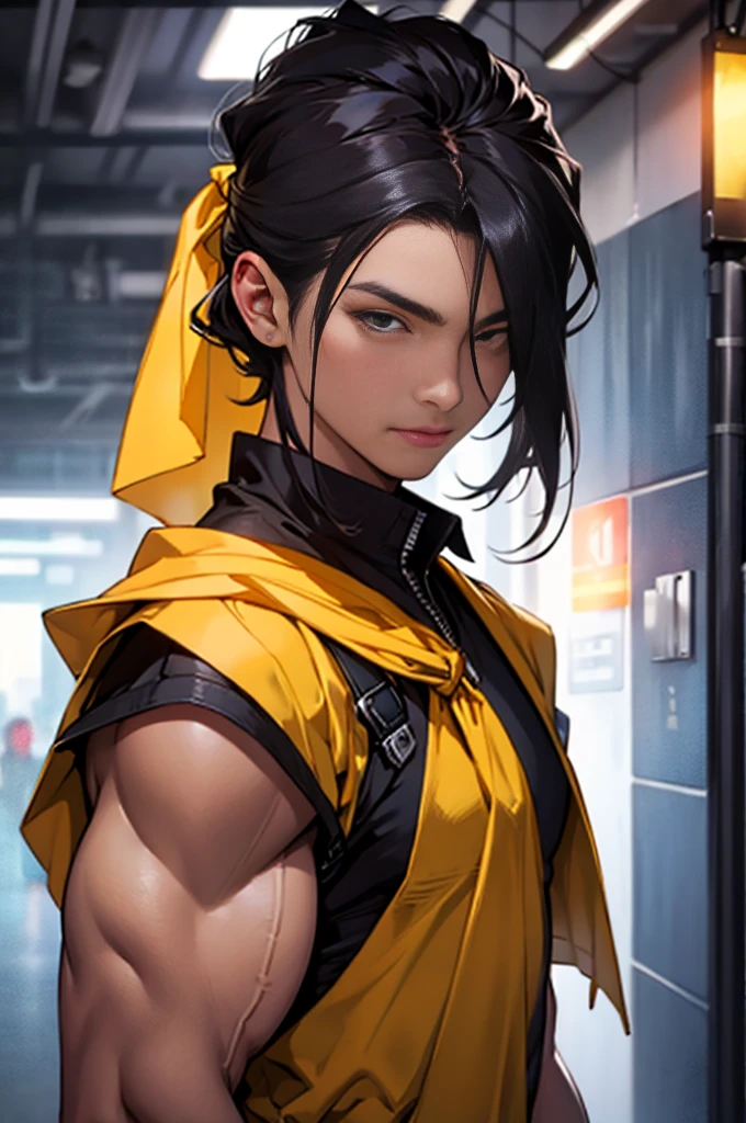 A photo of a black-haired man staring at the camera、(((Yellow bandana on head))),(((Muscular man)))、(Very detailed CG ユニティ 8k 壁紙,masterpiece, Highest quality, Very detailed),(Best lighting, Best Shadow, Very delicate),good looking ,Roleplaying、Small eyes、Long Hair、Fantasy style clothing、Yellow clothes、Yellow Cape、Black innerwear、