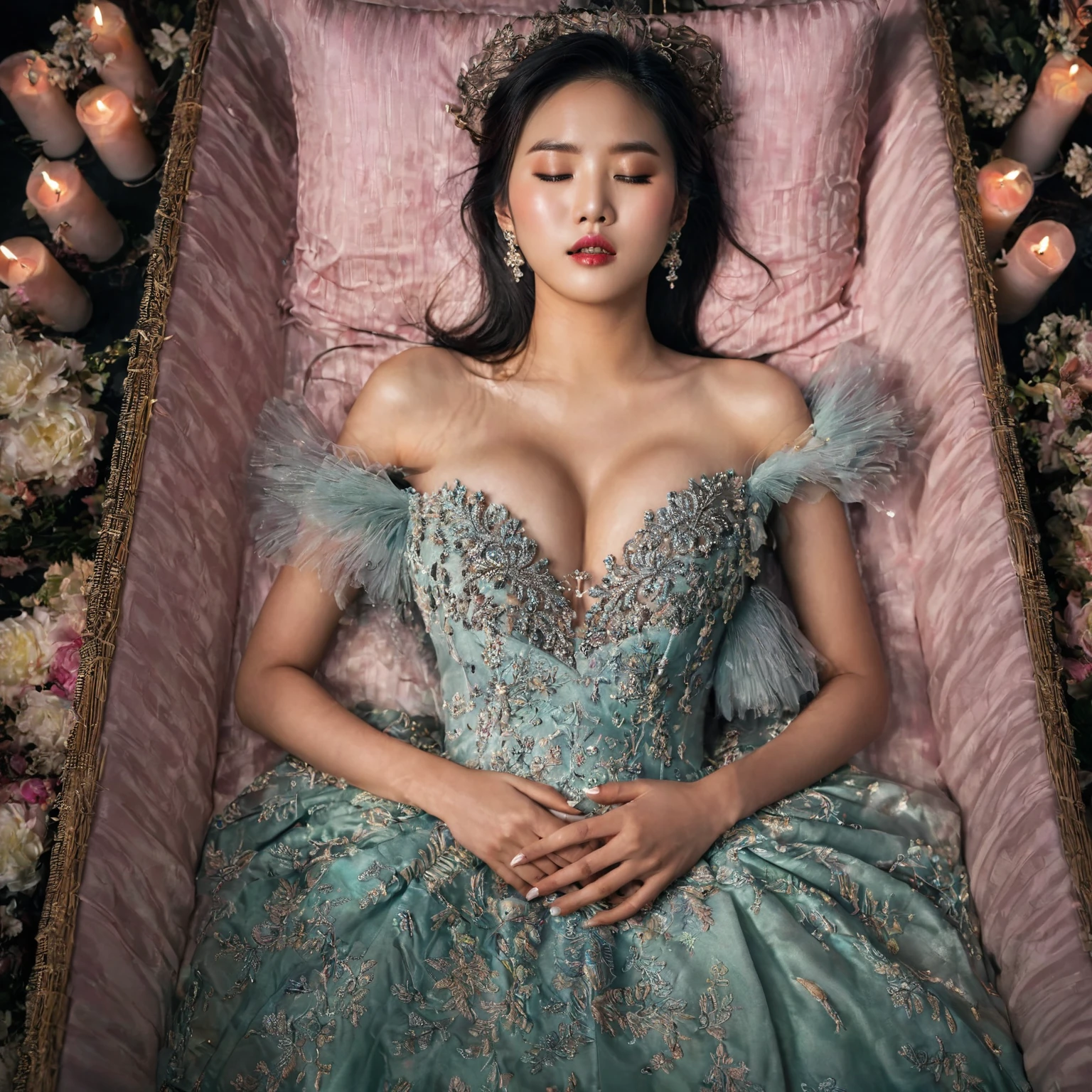 In a striking 8K HDR scene, a stunning Korean woman, 22 years old, lies peacefully in a black coffin surrounded by plush pillows. The deep box is set against a rich black background, accentuating the beauty of the subject. Her exquisite deep-V neckline kebaya attire is embroidered with superb detail, showcasing her round and firm breasts, perfect cleavage, and beautiful eyebrows. Her closed eyes and mouth give an air of serenity, while her visible and absolute cleavage leave nothing to imagination. The scene is bathed in saturated colors, highlighting every intricate aspect from the ball skirt to her clean face, straight body, detailed hand perfect hands, straight body, own hands together, own hand on stomach, detailed hands, perfect hands, closed mouth.