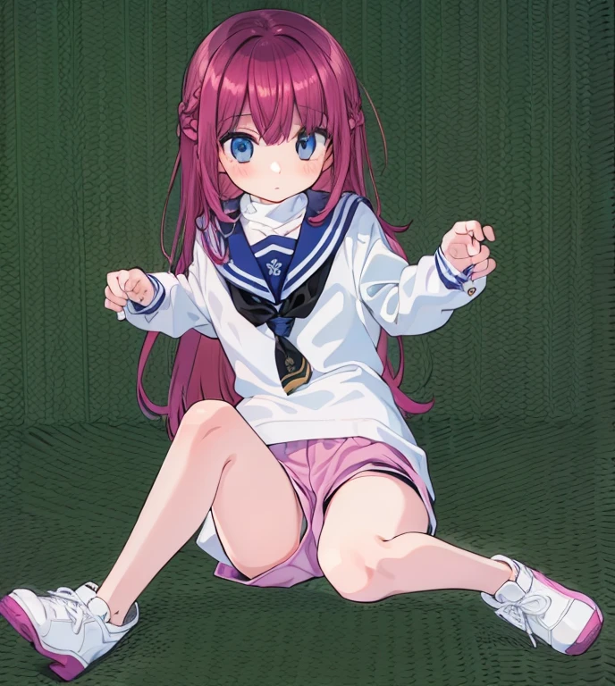 Beautiful illustrations, Highest quality, (:1.4)、(pretty girl:1.5)、 girl、Flat Chest、Sailor collar、(White long tunic:1.4)、Long sleeve sailor suit、Blue-line cuffs、(Pink Chino Shorts:1.7)、(Pink shorts with wide openings:1.6)、Gap between thigh and shorts、Thin thighs、White socks、 Cinema Lighting, (Pink long hair)、Pink Straight Hair、Redness on the cheeks、(Braiding of the back of the head)