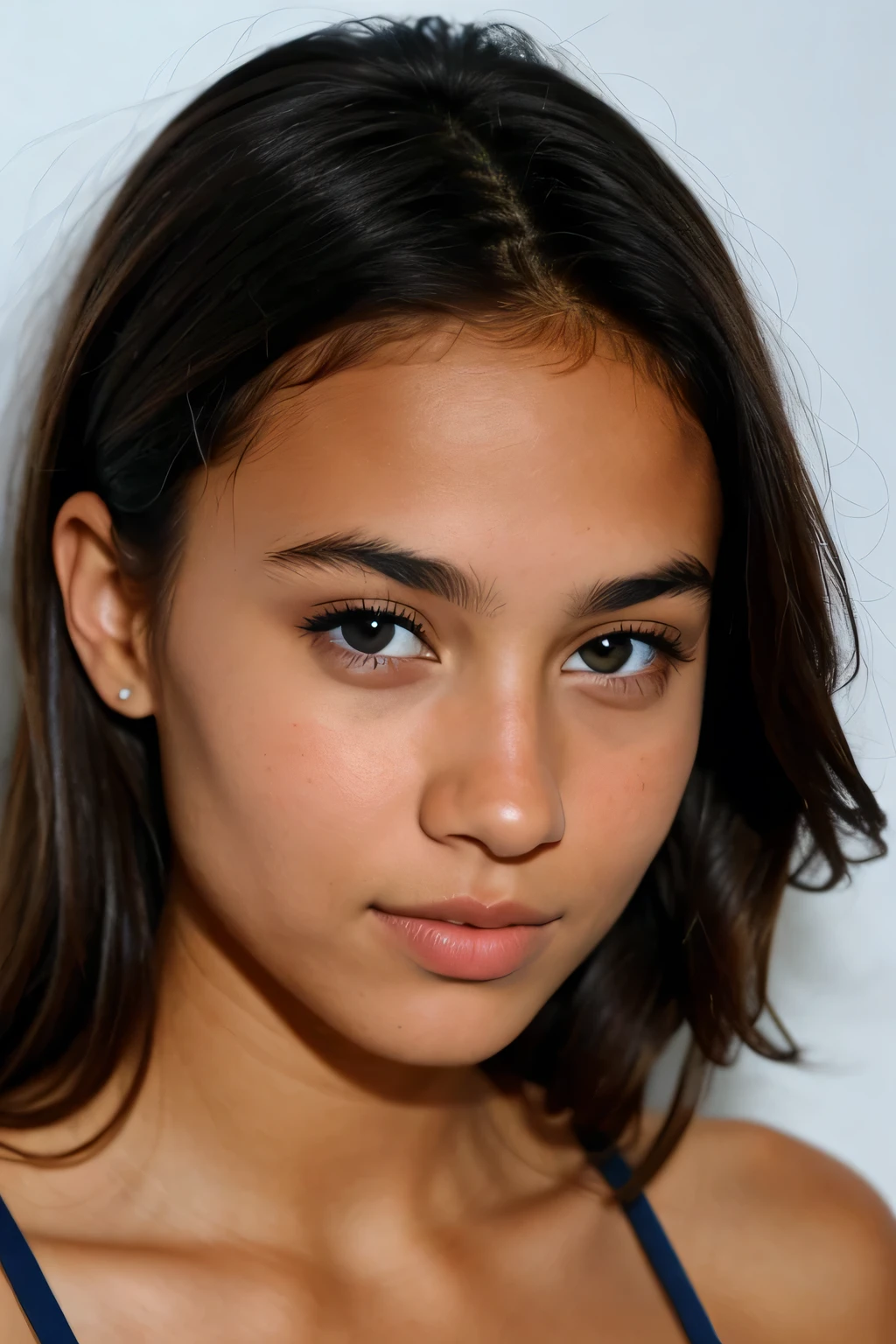 1fille,well tanned mixed race ,blue eye,photo de profil ,brune