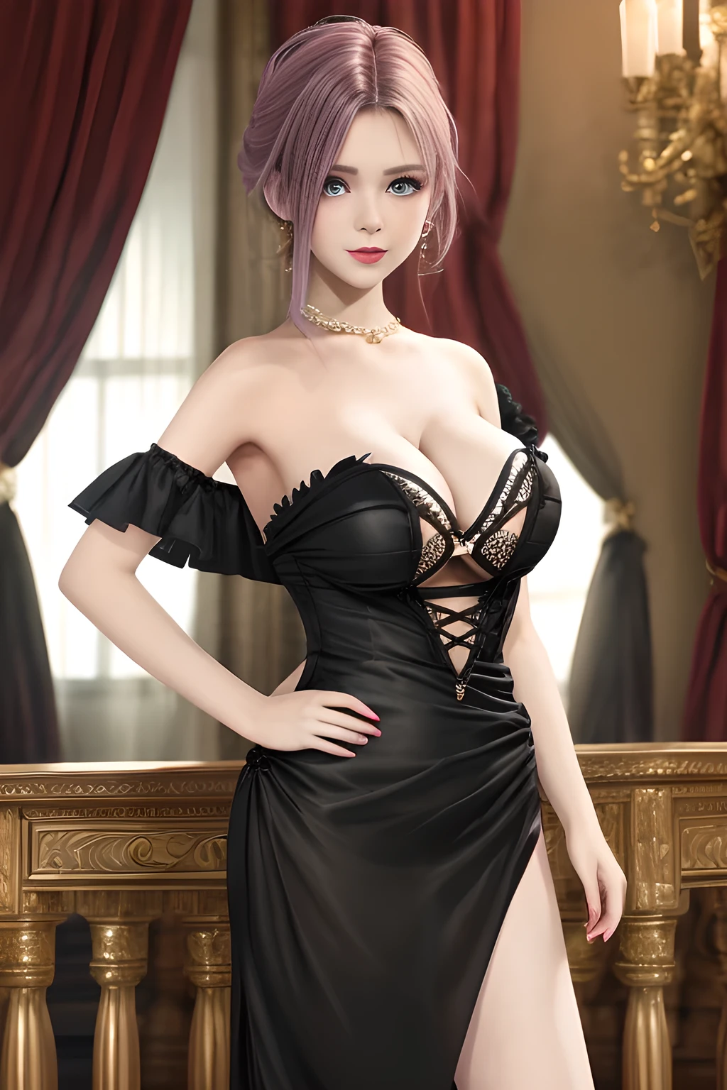 1girl is wearing an elegant black strapless dress. The dress is beautifully designed with ruching on the bodice and a cascading ruffled asymmetrical hem, adding a playful and chic touch to the outfit. The person is standing upright, with one hand gently touching their leg and the other hand relaxed by their side. The background is plain and neutral, drawing attention to the dress itself. The lighting is soft, highlighting the details of the dress and creating a fashionable and stylish atmosphere,, huge breasts, elise