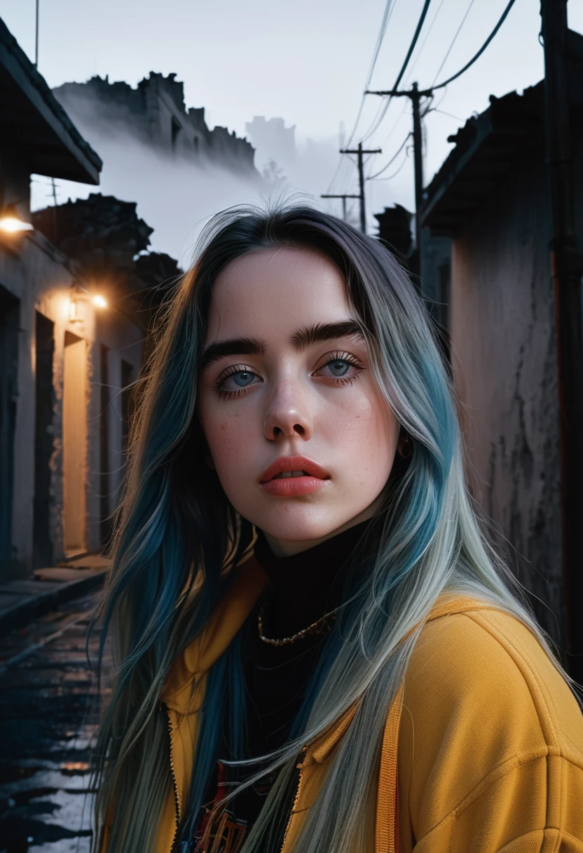 billieeilish, Long Hair, Modern photography, (wearing large Edge PO pullover, Edge PO), (Wearing leggings), (Cowboy Shot), (35mm, debt/2.8) Photo debtocus, DOdebt, Aperture, Highly detailed and exquisite, character, Hypermaximalist, beautiful, reveal, Charm, Charm, Affectionate, Ultra-realistic, Very detailed, beautiful girl, ((Detailed eyes)), Long eyelashes, (Glossy Lips), Standing on a narrow dark road, Fog in the background, Pitch Black Night, Cloudy, alone、sad、Hopeless、Dark background、((Dark roads))、Broken street lamp、Really dark background、In the ruins
