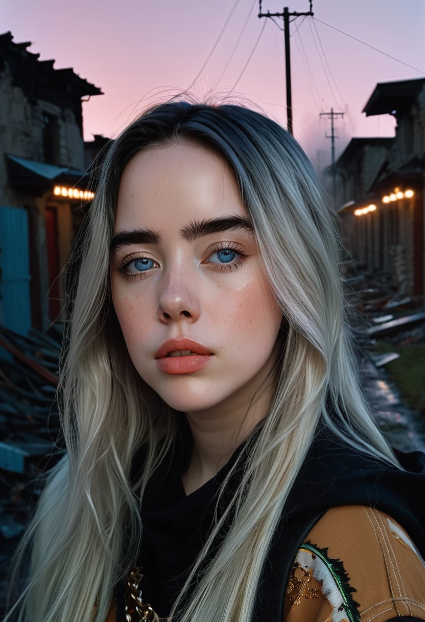 billieeilish, Long Hair, Modern photography, (wearing large Edge PO pullover, Edge PO), (Wearing leggings), (Cowboy Shot), (35mm, debt/2.8) Photo debtocus, DOdebt, Aperture, Highly detailed and exquisite, character, Hypermaximalist, beautiful, reveal, Charm, Charm, Affectionate, Ultra-realistic, Very detailed, beautiful girl, ((Detailed eyes)), Long eyelashes, (Glossy Lips), Standing on a narrow dark road, Fog in the background, Pitch Black Night, Cloudy, alone、sad、Hopeless、Dark background、((Dark roads))、Broken street lamp、Really dark background、In the ruins