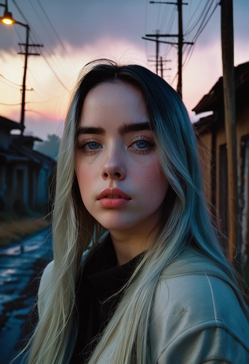 billieeilish, Long Hair, Modern photography, (wearing large Edge PO pullover, Edge PO), (Wearing leggings), (Cowboy Shot), (35mm, debt/2.8) Photo debtocus, DOdebt, Aperture, Highly detailed and exquisite, character, Hypermaximalist, beautiful, reveal, Charm, Charm, Affectionate, Ultra-realistic, Very detailed, beautiful girl, ((Detailed eyes)), Long eyelashes, (Glossy Lips), Standing on a narrow dark road, Fog in the background, Pitch Black Night, Cloudy, alone、sad、Hopeless、Dark background、((Dark roads))、Broken street lamp、Really dark background、In the ruins