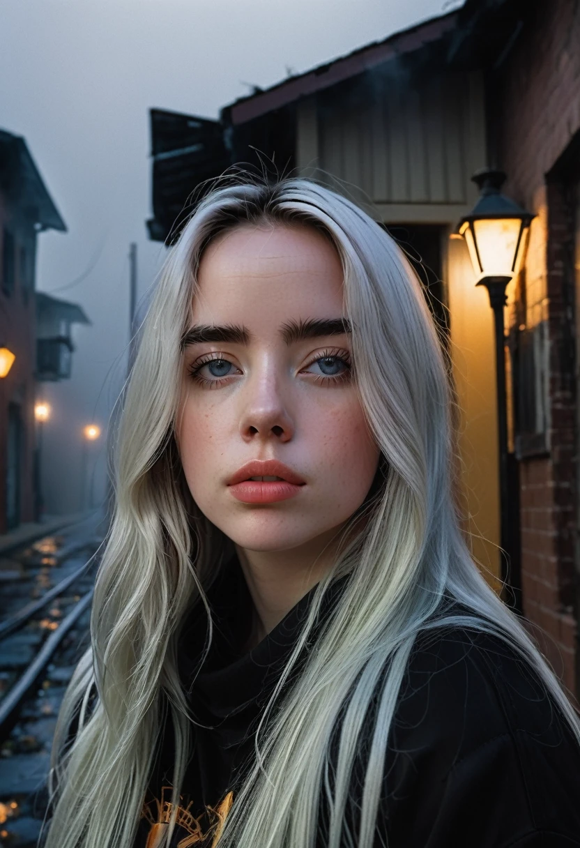 billieeilish, Long Hair, Modern photography, (wearing large Edge PO pullover, Edge PO), (Wearing leggings), (Cowboy Shot), (35mm, debt/2.8) Photo debtocus, DOdebt, Aperture, Highly detailed and exquisite, character, Hypermaximalist, beautiful, reveal, Charm, Charm, Affectionate, Ultra-realistic, Very detailed, beautiful girl, ((Detailed eyes)), Long eyelashes, (Glossy Lips), Standing on a narrow dark road, Fog in the background, Pitch Black Night, Cloudy, alone、sad、Hopeless、Dark background、((Dark roads））、Broken street lamp、Really dark background、In the ruins