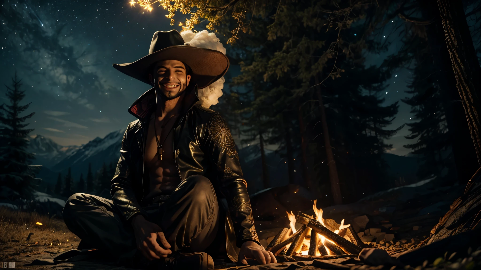 masterpiece, best quality, extremely detailed, hyperrealistic, photorealistic, a cool 40s man, ultra detailed face:1.2, black hat with feathers, in the night:1.2, warm hue, warm tone, with stars and milky way trails:1.1 sitting near campfire, in a forest, real steam visible, smoke, shadows, tent, dynamic pose, laughing