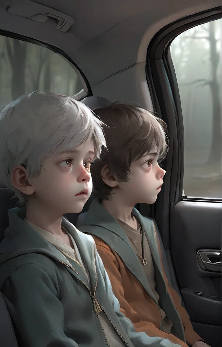 Souta, trembling, turns his car around and nervously glances at the rearview mirror. In the mirror, the ghostly boy is sitting in the back seat, staring at Souta. The scene is haunting and filled with a sense of inescapable dread.