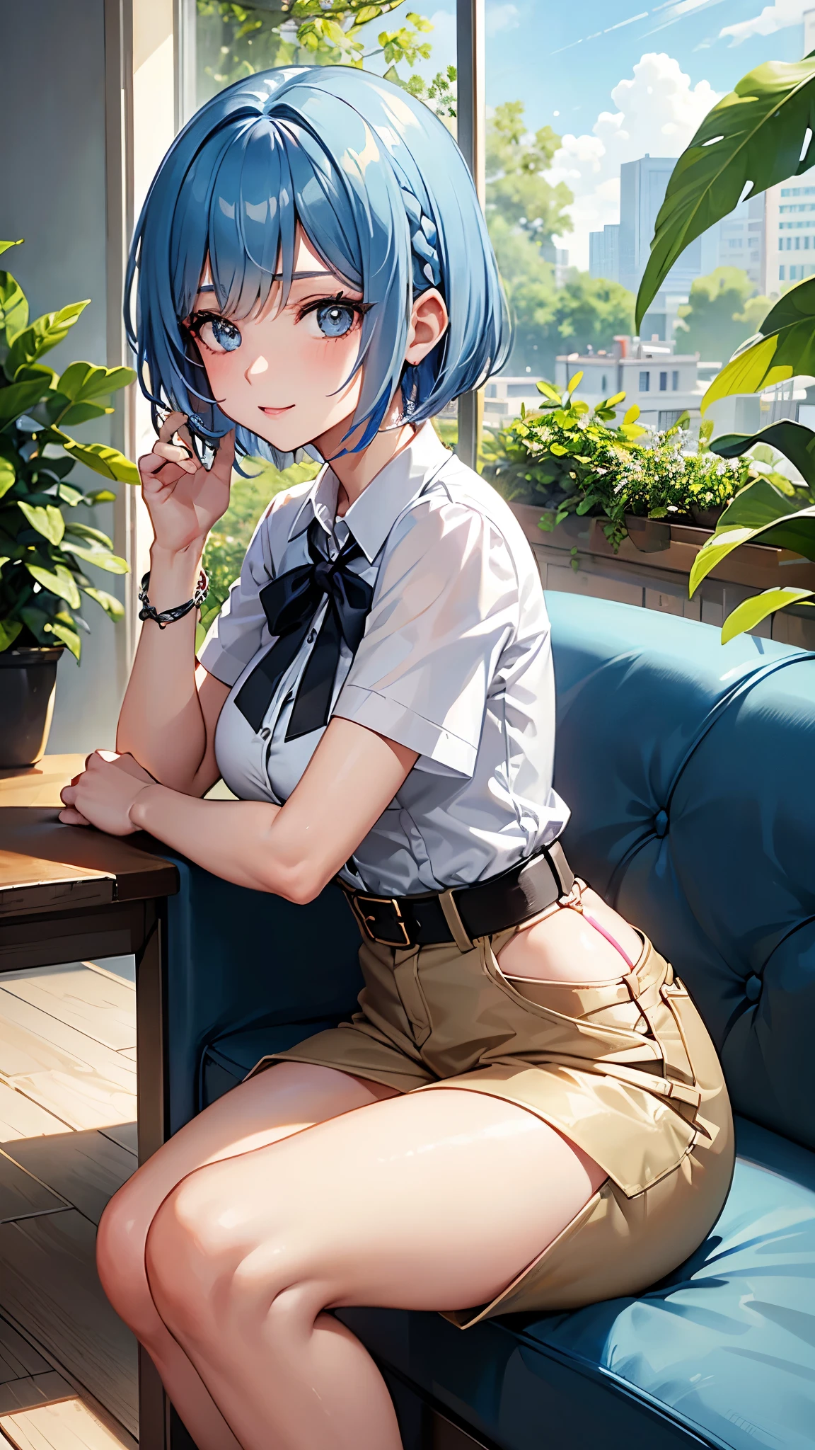 "A young female character with periwinkle blue hair styled in a short, slightly wavy bob cut with a small braid on one side. She has fair skin, large expressive eyes, and a cheerful expression. Her outfit is a modern, chic ensemble consisting of a white short-sleeved button-up shirt with a black tie, a black underbust corset, and high-waisted white cargo pants with multiple pockets. She accessorizes with several silver bracelets on her left wrist and a silver chain belt around her waist. The setting is a bright, airy café with large glass windows, wooden floors, and lush greenery both inside and outside. The overall atmosphere is light, peaceful, and inviting, with sunlight streaming in and creating a serene ambiance."
