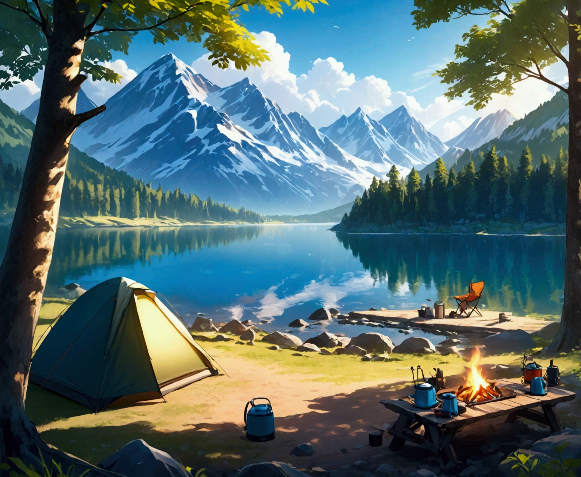 lake,camp site,The view is amazing.,tent,Camping equipment,Highest quality, 8k, High resolution, masterpiece:1.2, Very detailed, Realistic:1.37, High resolution, 超High resolution, Very detailed, Professional, Vibrant colors