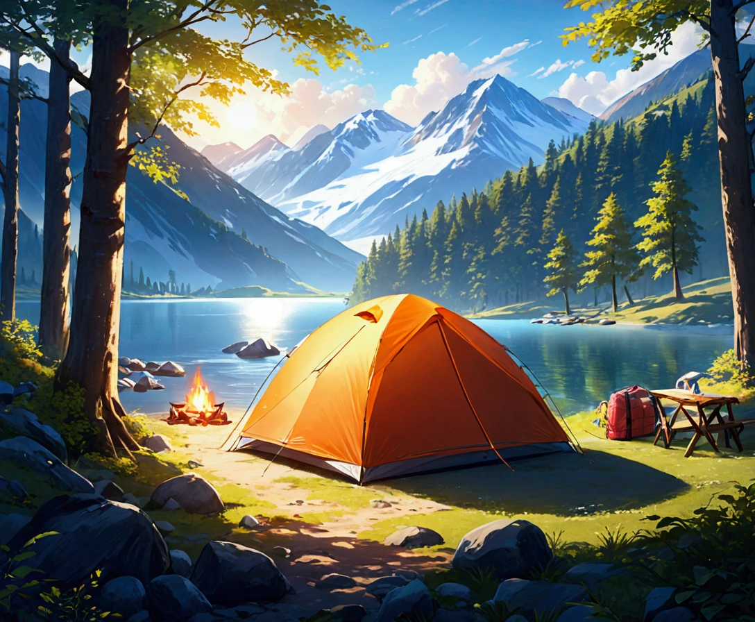 lake,camp site,The view is amazing.,tent,Camping equipment,Highest quality, 8k, High resolution, masterpiece:1.2, Very detailed, Realistic:1.37, High resolution, 超High resolution, Very detailed, Professional, Vibrant colors