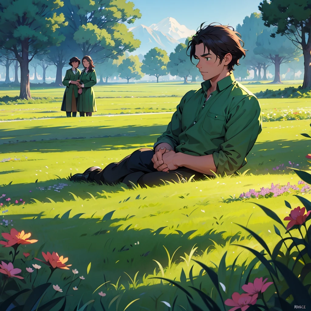 Beautiful green field. two men. masterpiece, illustration, animated style, movie, 