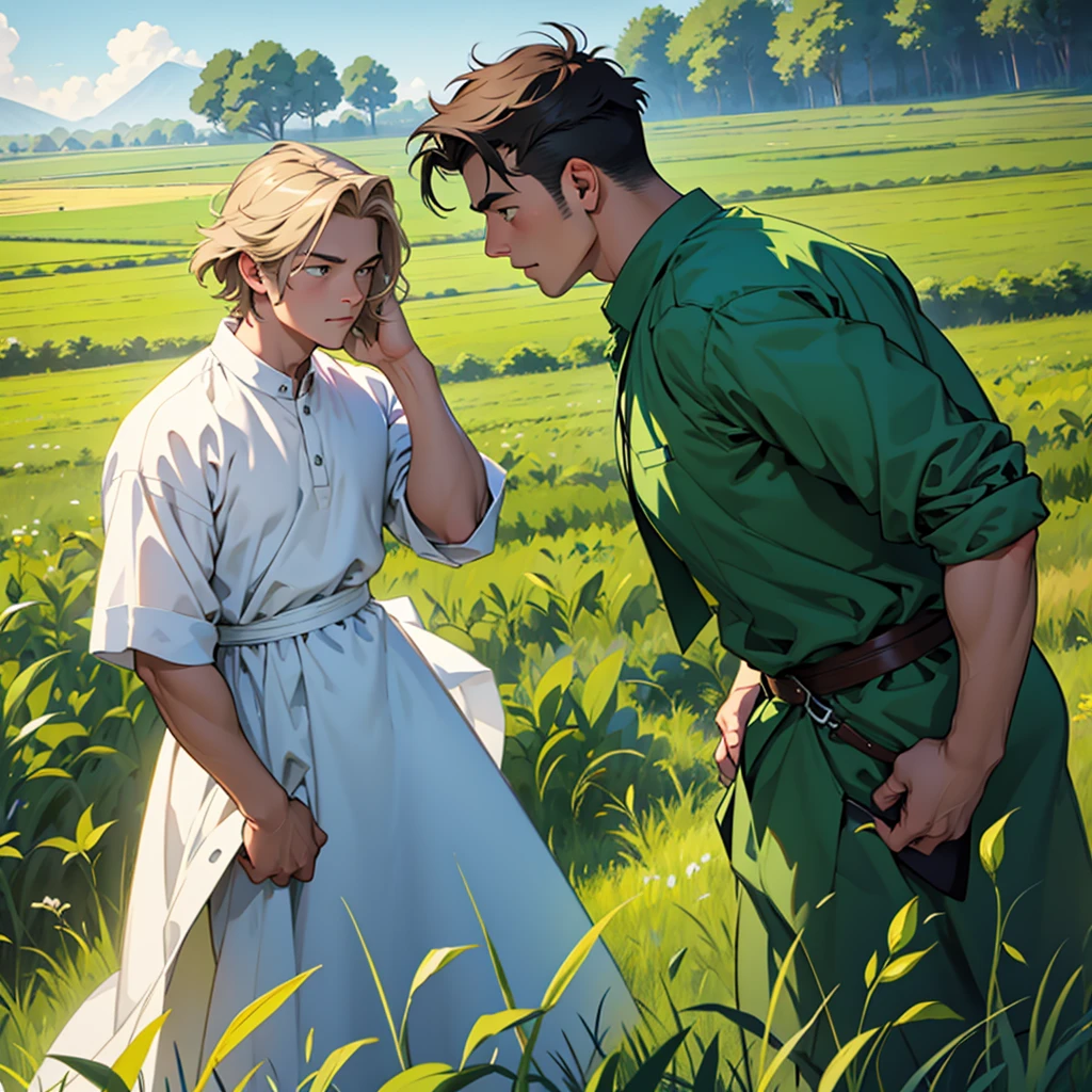 Beautiful green field. two men. masterpiece, illustration, animated style, movie,