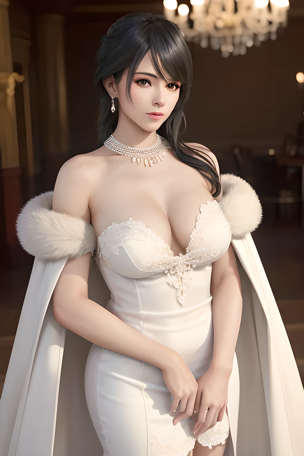 A lady with extraordinary temperament, she stands in a modern indoor space, as if she is a model from a fashion magazine. She is wearing a (pure white long fur coat), the softness and luster of which makes her look more noble under the light, and complements her (beige dress) underneath, showing her gentle temperament while maintaining a sense of fashion. The style of the dress is simple and generous, a perfect match, and it lengthens her figure, making her tall and charming. The lady's makeup is delicate and elegant, which just highlights her facial features and makes people unforgettable at first sight. Although the earrings and necklace she wears are not ostentatious, they add a bit of sophistication and nobility to her overall look. Her hair is casually draped over her shoulders, and every strand of hair exudes a natural luster,, (best quality,8k,highres,masterpiece:1.2),ultra-detailed,(realistic,photorealistic,photo-realistic:1.37),studio lighting,ultra-fine painting,sharp focus,physically-based rendering,extreme detail description,professional,vivid colors