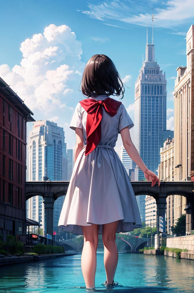 (masterpiece,up to date,Exceptional:1.2), anime,One girl,bangs,Black Hair, Beautiful 8k eyes,green_null,bridge,building,city,city,cloud,Day,dress,Looking at the audience,Outdoor,red_Neckwear,red_ribbon,ribbon,river,Short sleeves,null,alone,Are standing,town,