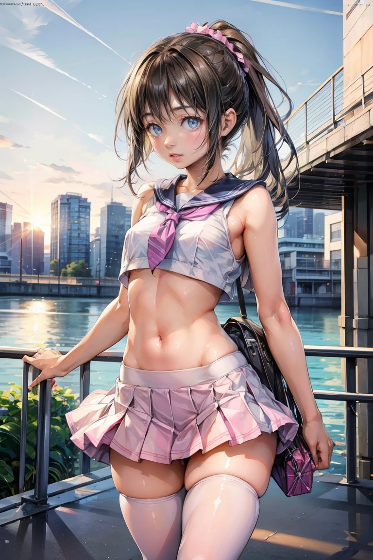 Beautiful nipple stand、1 girl, ( Looks very young:1.2) , (Flat Chest:1.2), High school girl sailor costume Looks very young.... ,, {{cute:1.3}}, trembling:1.3}3, , Black Hair, ponytail,  sun、 Brown eyes, noon,, Looking at the audience, Angry face with open mouth,sun, , Long Hair, belly button, Scrunchie, bangs, Expose your shoulders,Dynamic leg spread pose:1.2, I have a bag:1.2,学校のarchitecture, Near the sky, architecture, Side Lock, ヘアScrunchie, Outdoor, Sky Porn,Ezvian everywhere:1.3, (She is still a -yeld gi............、Beautiful slender body、 )、 (A gal showing off her flashy pink pants in a miniskirt),(Small breasts, Small breasts, Tight waist)、High school girl sailor costume、Best Smile 2.0