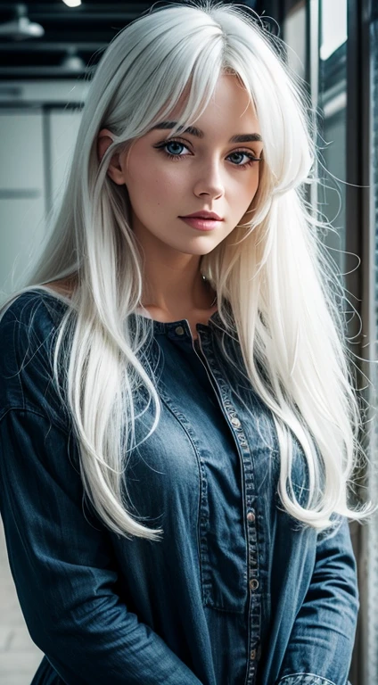 Young woman, fluffy, White hair, looking at the camera,