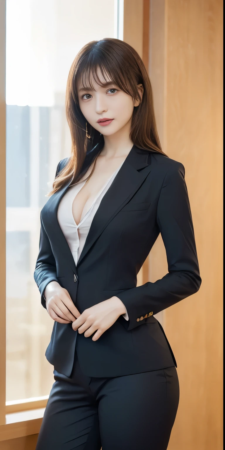 best masterpiece、Highest quality、shape、Very detailed、High resolution、8K wallpaper、Perfect dynamic shape、Beautiful and exquisite、Natural color lip, Random Sexy pose,A very kind smile、、cute、expensive、(Highest quality:1.3)、(masterpiece:1.3)、(The Very detailed手の指:1.3)、(wallpaper, One Girl:1.1)、(Delicate hands and fingers:1.2)、(Detailed super oily shiny skin:1.1)、Beautiful and lustrous thighs、(Sexy black office suit style、The chest is exposed、No underwear:1.7)、(Saggy and firm big breasts:1.4)、slender body shape、Brown hair head、(Stable expression:1.5)、((Random hairstyles for medium length hair:1.3))、Beautiful sister、(Model standing in front:1.4)、Sexy pose、(((modern office building background:1.6)))、((Very firm and large breasts:1.1))、(Beautiful double eyelids:1.3)、Looking into the camera、Pelvic expanse、Perfect lighting、Draw the whole body、Pants look