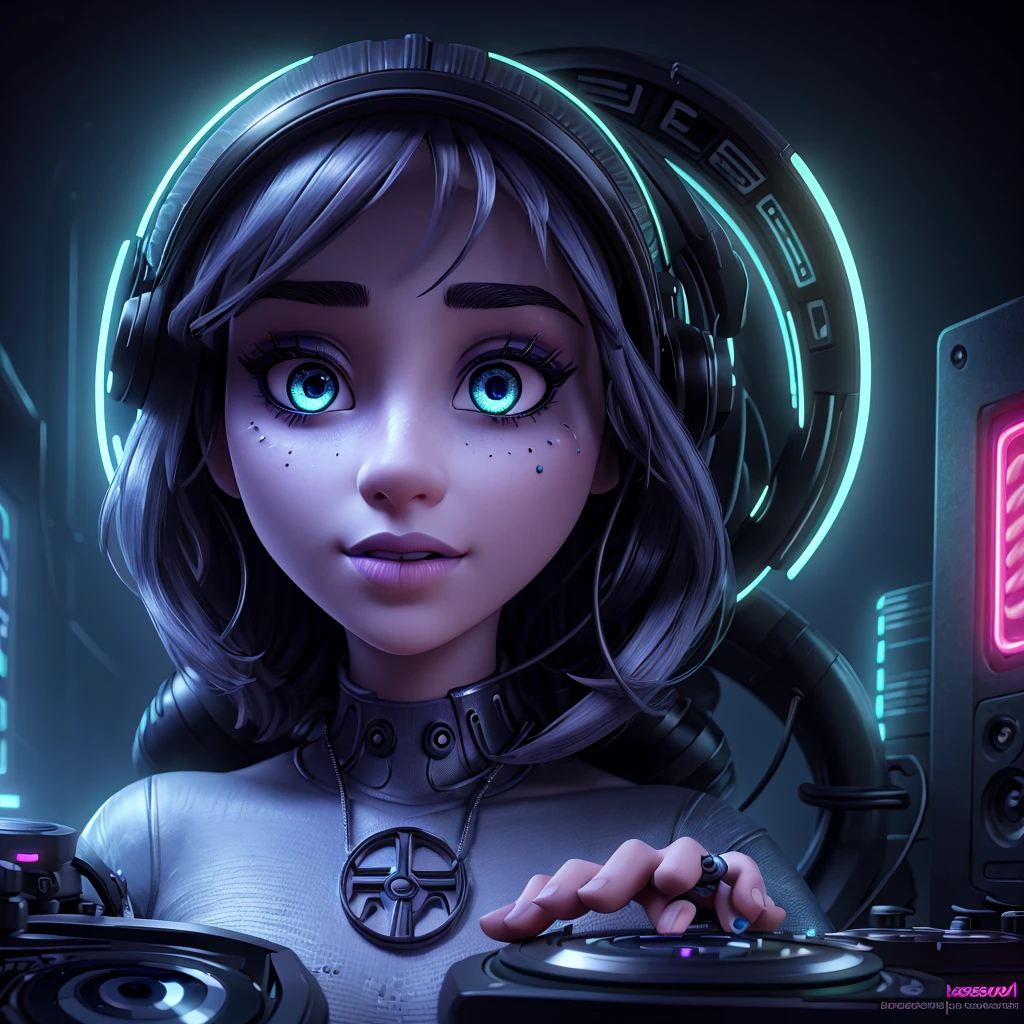 beautiful detailed eyes, beautiful detailed lips, extremely detailed eyes and face, long eyelashes, 1 person, dj, turntables, electronic music, neon lights, cyberpunk, glowing, fluorescent, high contrast, dramatic lighting, moody, cinematic, dark colors, digital art, concept art, vibrant colors, futuristic