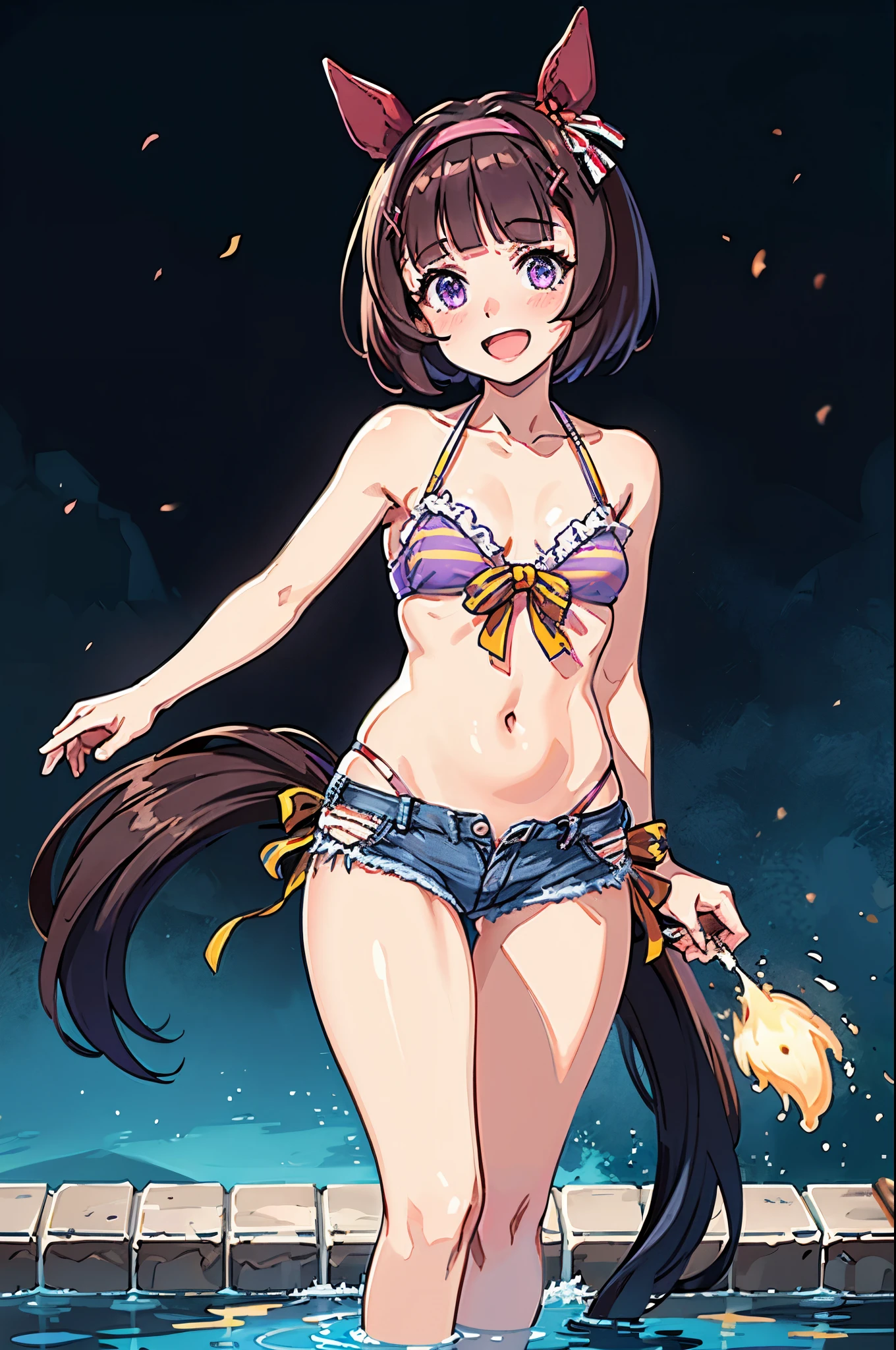 Browsing Caution, , Pull up the dress,Bare Chest,Nipples,Round genitals,Revealing clothing,Uma Musume,West Wildflower,Marl,short hair,Red headband,beautiful Purple eyes,Purple and yellow dress,ribbon,,,Curvaceous,garden,smile with open mouth,blush,Embarrassed face,Best image quality,Tabletop,)),(masterpiece),shape,Brown Hair,Long Hair,Purple eyes,flowing bangs,Long Bangs,Long Hair,Small breasts,Hair covering the right eye, smile,Looking at the audience,((Highly detailed eyes)), (((bikini))), masterpiece, Highest quality, (abnormal body, Small breasts, Horse tail,smile, Pool, whole body, frontage,hot pants denim,Nipplesspread legs, Lift your legs