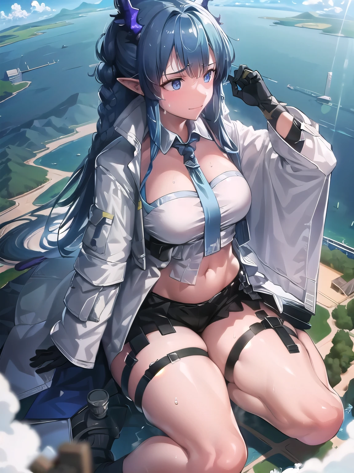 giantess, Only one girl, Woman sitting on the ground, (((character Sleeping girl on a mountain top next to a city))), ((Super huge girl bigger than a island)), ((destroyed city)), navel, Long legs, Tightens abs, No chest leakage, crash city, tiny city, micro city, big assa, city, ((Sweat)), (((Falling sweat))), giga giantess, huge craters, Steam from the body, cracks in the ground, earthquak, blue sky, City, ling_arknights, first-person view, アニメ, best quality, masterpiece, highres,have a liquor bottle