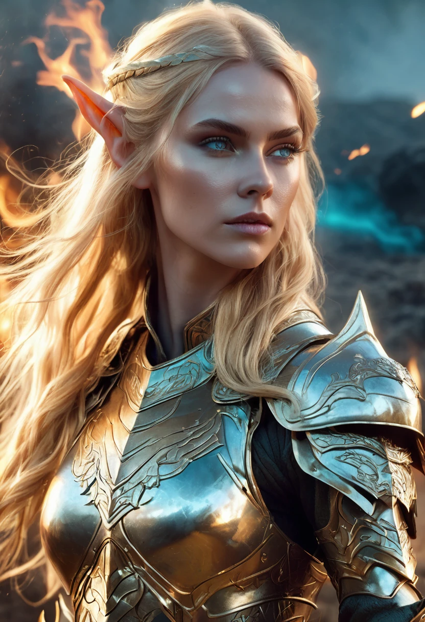 1 woman, inside a war field surrounded by fire, wearing silver armor, detailed facial features, feminine turquoise eyes, pointed elf ear, clear and detailed skin, long golden blonde hair, full body shot, dramatic lighting, cinematic composition, cool palette, dark colors, atmospheric haze, bulky body, thin chin, serious face, serious face, strong and beautiful woman (best quality, 4K, 8K, high resolution, art: 1.2), ultra detailed (realistic, photorealistic, photorealistic: 1.37)