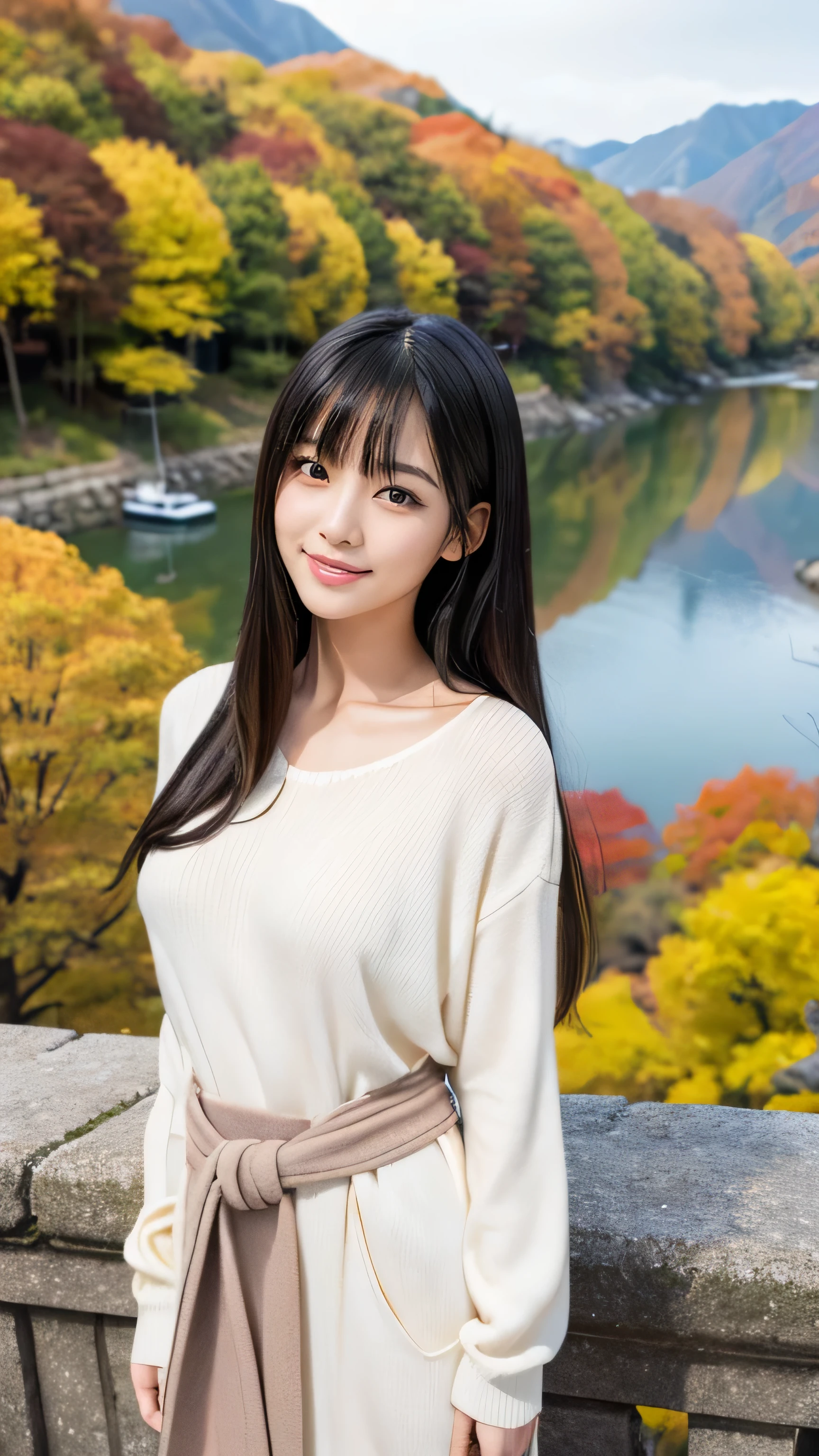 Create an ultra-realistic image of a 21-year-old Japanese woman named Kotone visiting Naruko Gorge. She has extremely long, perfectly straight black hair that flows down to her waist, with blunt bangs that cover her forehead. Her eyes are large, enchanting, and have double eyelids with sparkling black pupils, giving them a captivating and youthful appearance. Her face is delicate and innocent, with very thin eyebrows that frame her large, childlike eyes. Kotone's skin is smooth and flawless, resembling snow in its pure white color. She has a slender and well-proportioned body with a shapely bust size of 95 cm, a height of 158 cm, a weight of 43 kg, an ideal waist size of 58.46 cm, and an ideal hip size of 86.73 cm. Her complexion is flawless, without any wrinkles, and her natural makeup enhances her features subtly, maintaining a fresh and youthful look. She embodies a perfect balance of youthful charm and mature elegance, with a cute and innocent smile that adds warmth and affection to her appearance.
Kotone should be depicted standing on a viewpoint overlooking the stunning Naruko Gorge, with its dramatic cliffs and autumn foliage. She is wearing a warm, comfortable outfit, suitable for a day of hiking and exploring nature.