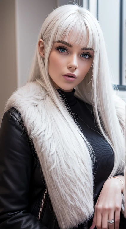 Young woman, fluffy, White hair, looking at the camera,
