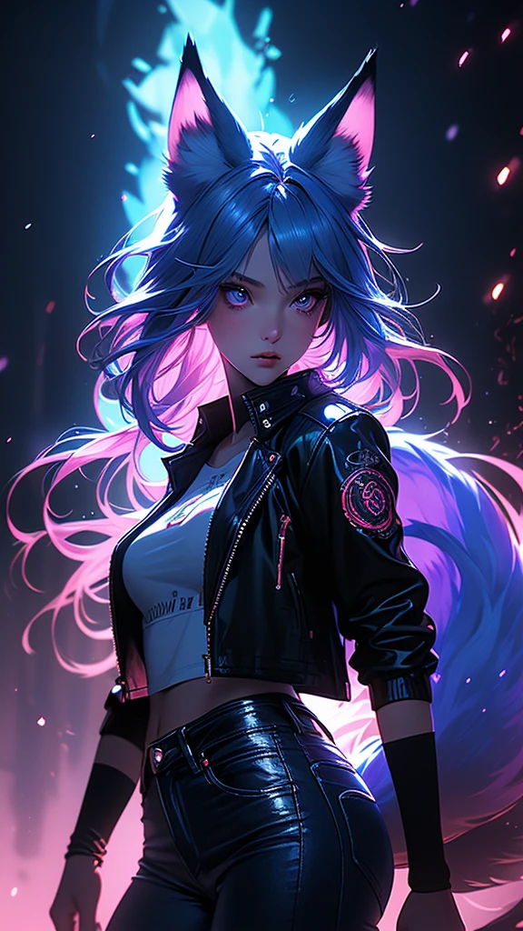 Dark fantasy style, blade runner style, hyperrealistic niji characters, crimson magical effects, cold blue neon color scheme, rain effect, bioluminescence effect, luminescent outline effect, white background, mystical wind effect. ((Fox girl dressed in a black leather jacket and blue jeans, fox ears, fox tail, kitsune, casts a spell, flirtatious)). (perfect details:1.1), (nice and clear background:1.2), (Extremely detailed computer graphics, ultra detailed, best shadow:1.1), (finely detailed beautiful eyes). VFX, cinematic lighting, vibrant colors, photorealistic, concept art style, high quality, 8K, HDR, physical rendering, extreme detail, blur, depth of field, and blurred foreground.