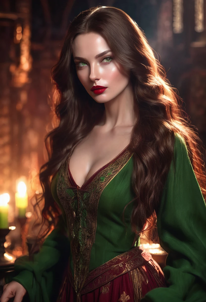 1 woman, inside a dark medieval room, wearing a sensual wine-colored outfit, red and full lips, detailed facial features, feminine green eyes, clear and detailed skin, long brown hair, full body shot, dramatic lighting, cinematic composition, warm palette, cool colors, atmospheric haze, full body, thin chin, wild expression, sensual body, serious face, sensual and beautiful woman (best quality, 4K, 8K, high resolution, art: 1.2), ultra detailed (realistic, photorealistic, photorealistic: 1.37)