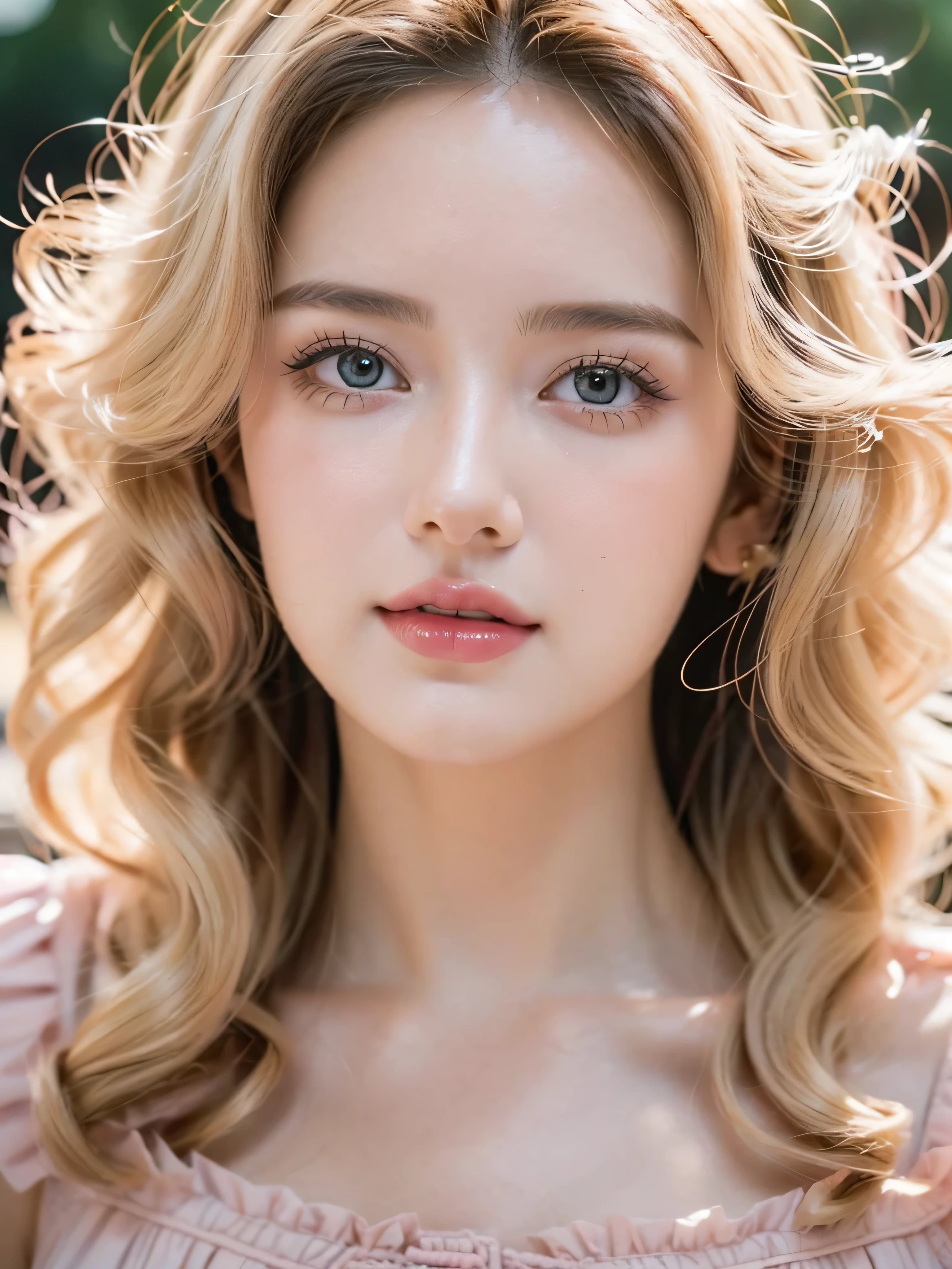 (close up of a beautiful 26 year old girl in a light pink vintage dress), movie stock photos, camera f1. 6, saturated colors, Vibrant, lifelike textures, Impressive classic lighting, Modern style, sexy full body photo, Evening, Curly hair has just been dyed light blonde
