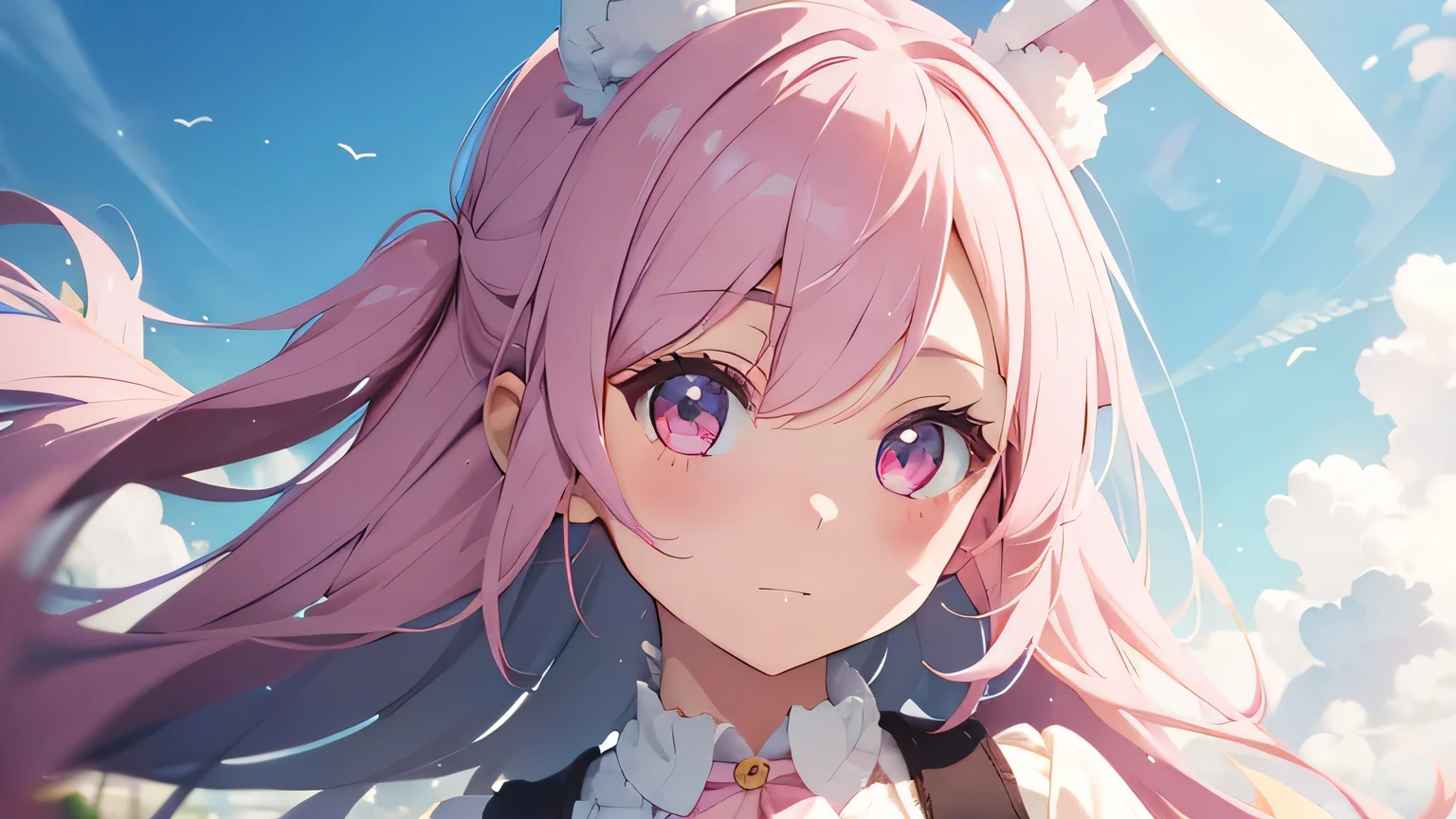 Highest quality, pretty girl, pastel colour, Fluffy bunny ears, Pink long hair,Pale pink eyes,Fantastic sky