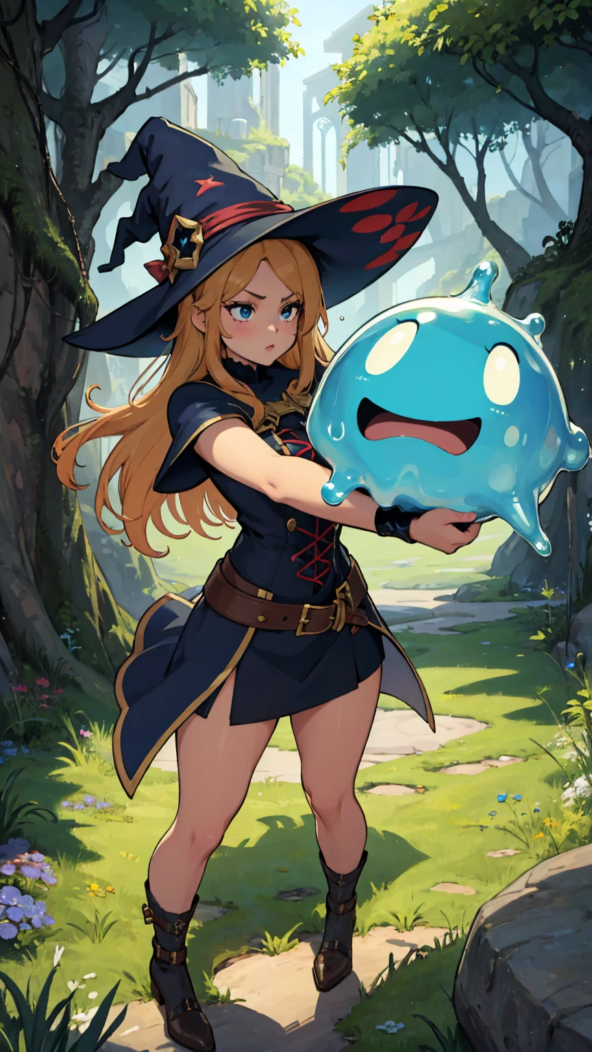 masterpiece, best quality, 1girl, witch fighting a slime, a witch is fighting a slime, fantasy, blue slime,