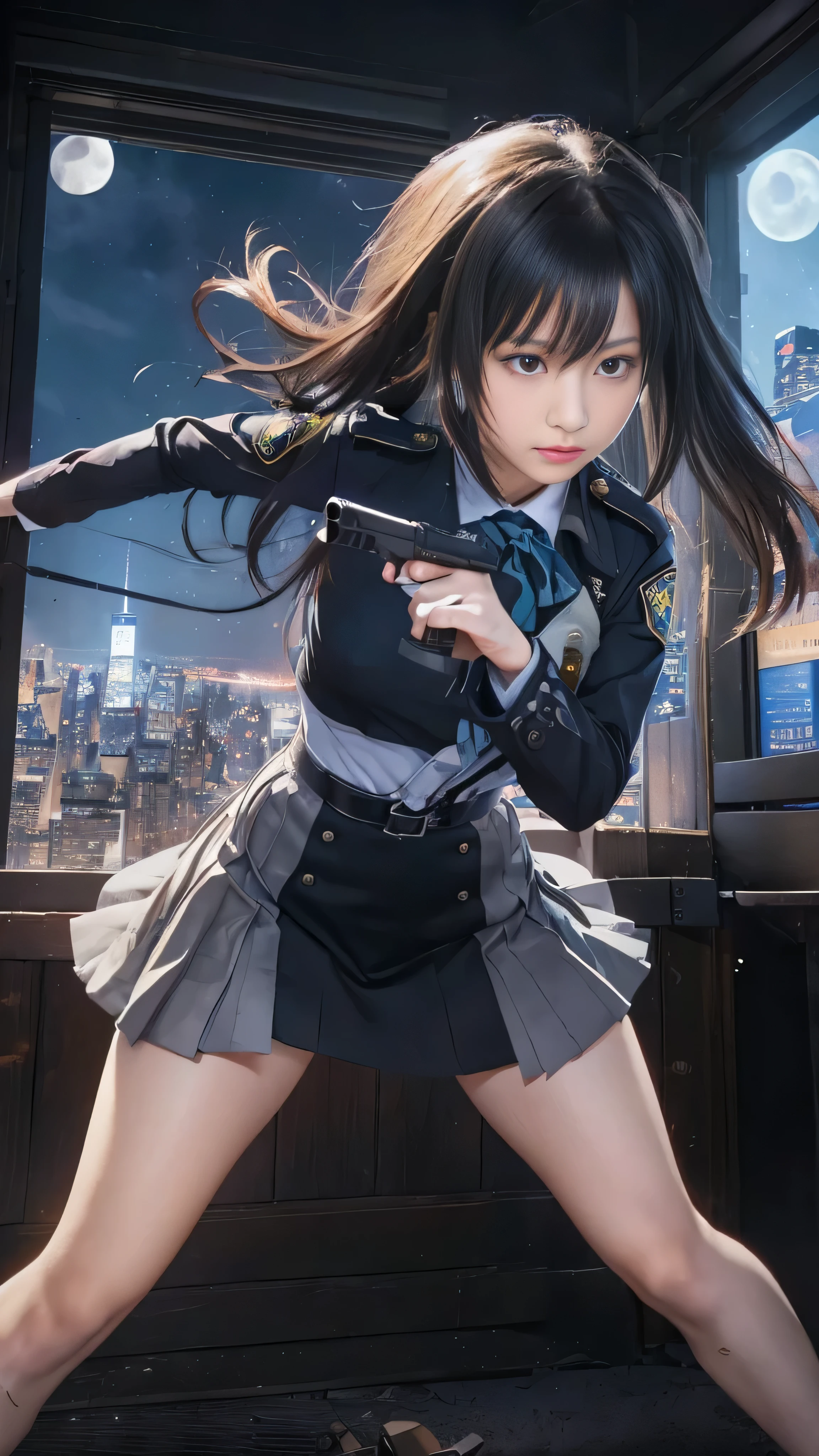 (RAW quality:1.4), Highest quality, Great quality, 16K, Unbelievably absurd, Very detailed, delicate and dynamic, software, Natural light, Particles reflect color, Diffuse reflection of light, Vortex of Light, Hudson River, new york, Night view, Create amazing image effects, lycoris uniform, skirt, (Cute sexy girl, 14 years old, Pursue the perpetrator, Intense movement, Vibrant, hot, , , , pistol, Long black hair, Police uniform, Takina Inoue Final Fantasy VII), Full body photo, (Shooting a gun in front of a big full moon:1.4), Speedy, Lots of bullets, Trajectory,