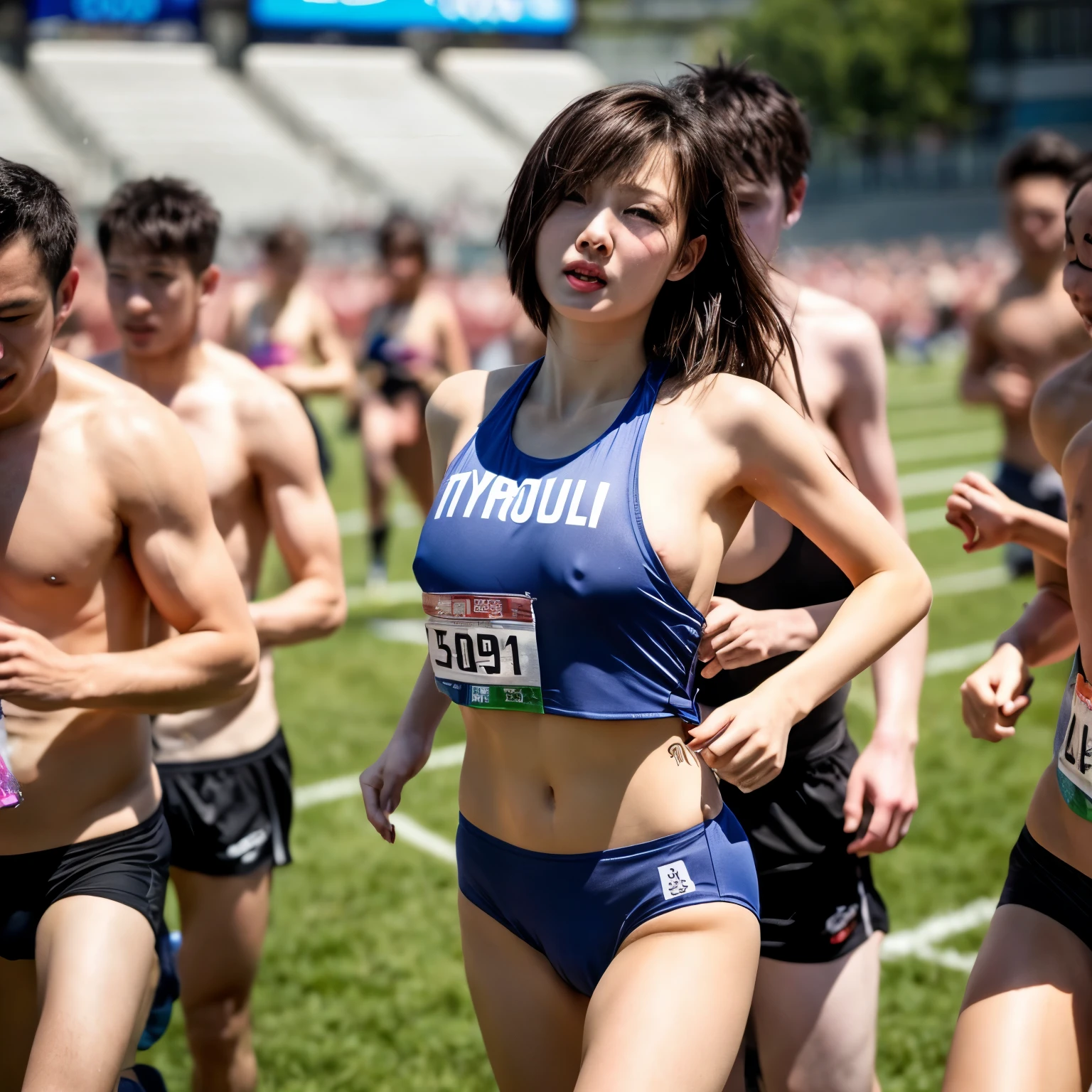 ((Highest quality)), ((masterpiece)), (detailed), ((Super photo)),Perfect Face, Highest quality、Ultra-high resolution、(Realistic:1.4)、((Beautiful woman))、heroine、Naked athlete with clothes removed、((In underwear))、((Wearing a bib number)),A large number of players、Large crowd、Surrounded by many men and women、Surrounded by dozens of enemies、Female Athletes、Japanese Representative、Beautiful Eyes、tea、Black Hair、Brown eyes、Beautiful breasts、Very small breasts、Running naked through the field、Realistic skin texture、shaved pubic area、Browsing Caution, 8K quality, 8K Ultra, 10x more pixels、非常にdetailedなかわいい顔、detailedな唇、Fine Eyes、double eyelid、Natural Makeup、(Sad Eyes)、(Very beautiful woman)、Perfect balance、Short Hair、Beautiful nipples、((Painful face))、Outdoor、((Olympic Venues))、Stadium、Square、((Very small breasts))、Small breasts、Small breasts、((Realistic skin types))、perfect female genitalia