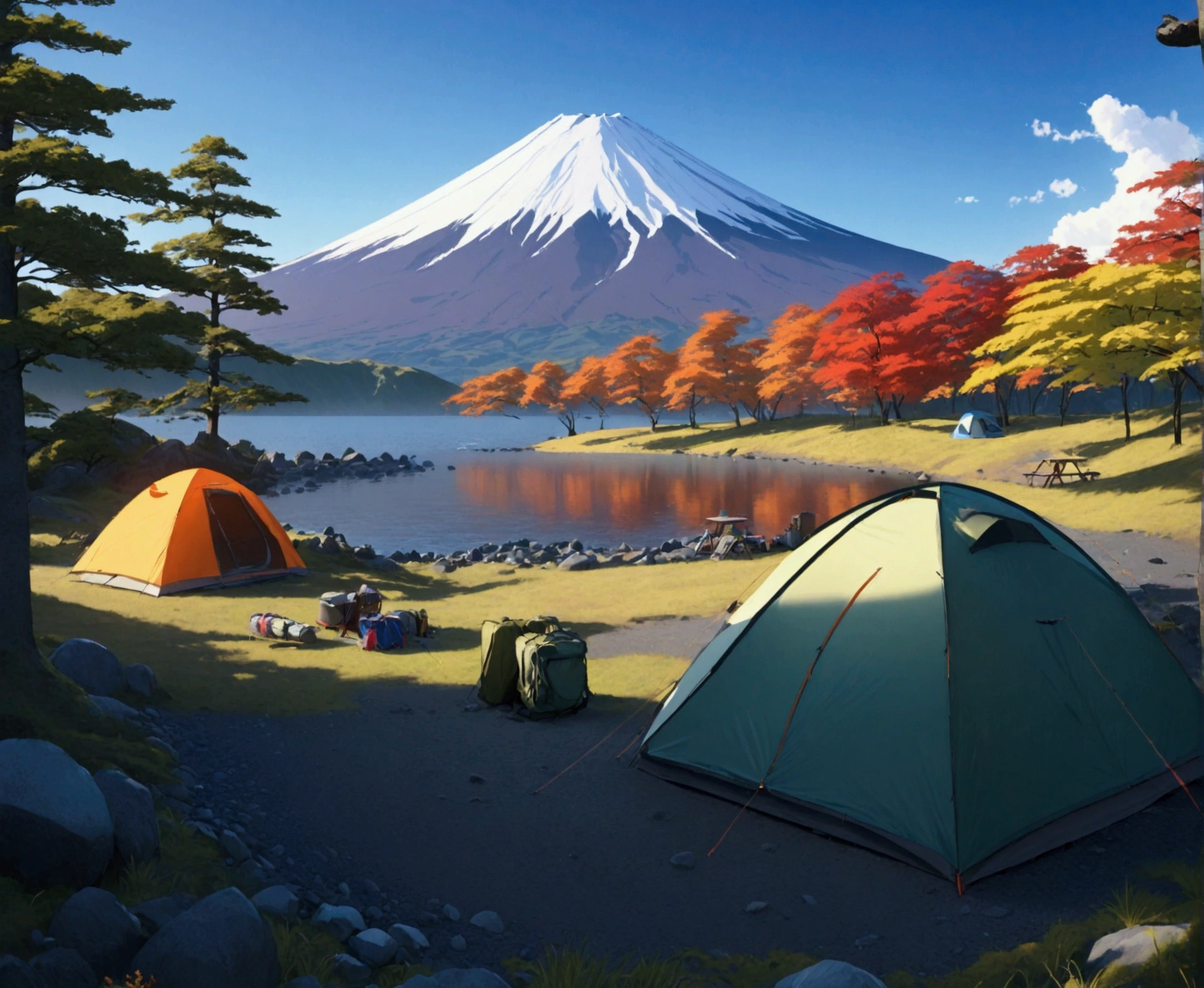 At the foot of Mt. Fuji,camp site,The view is amazing.,tent,Camping equipment,Highest quality, 8k, High resolution, masterpiece:1.2, Very detailed, Realistic:1.37, High resolution, 超High resolution, Very detailed, Professional, Vibrant colors