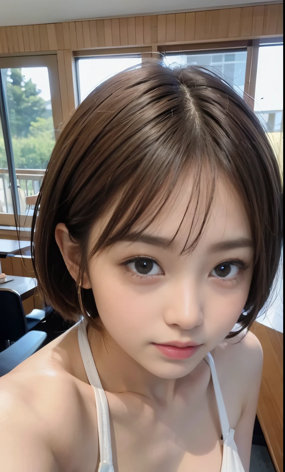 Cute 21 years old Japan、kitchin、cuisine、Tank Tops、Super Detail Face、Eye of Detail、double eyelid、beautiful thin nose、sharp focus:1.2、prety woman:1.4、(light brown hair,Shortcut Hair, ),fair white skin、top-quality、​masterpiece、超A high resolution、(Photorealsitic:1.4)、Breakfast、sandwich、